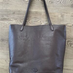 Monogrammed Dark Brown Leather Tote Bag